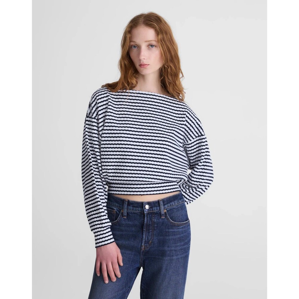 MADEWELL Textural-Stitch Boatneck Top S Jacquard Rib Stripe Navy Boxy NWT B2